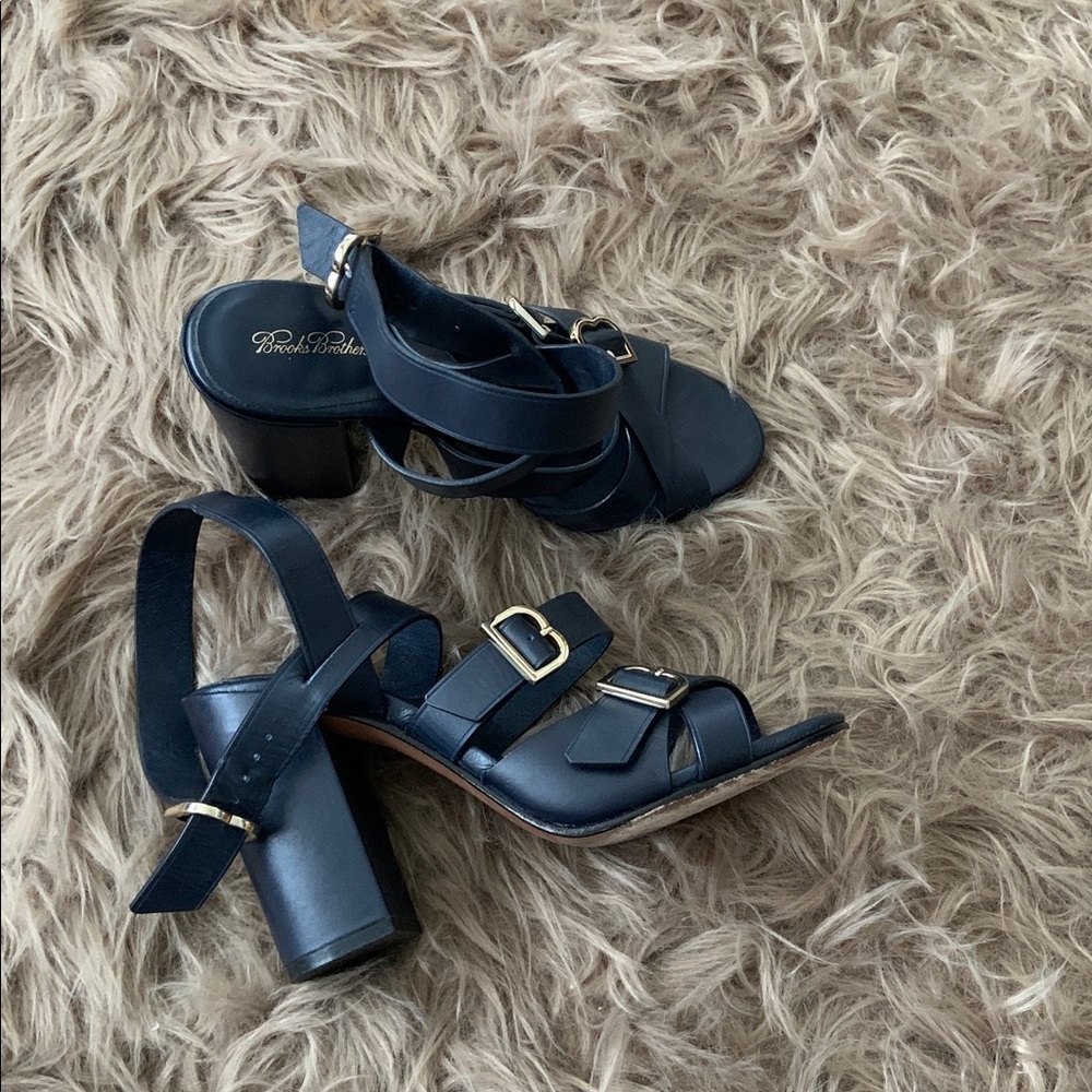 Brooks Brothers Shoes Womens 7.5 Stacked Heel Sandals Multi Strap Buckle Leather
